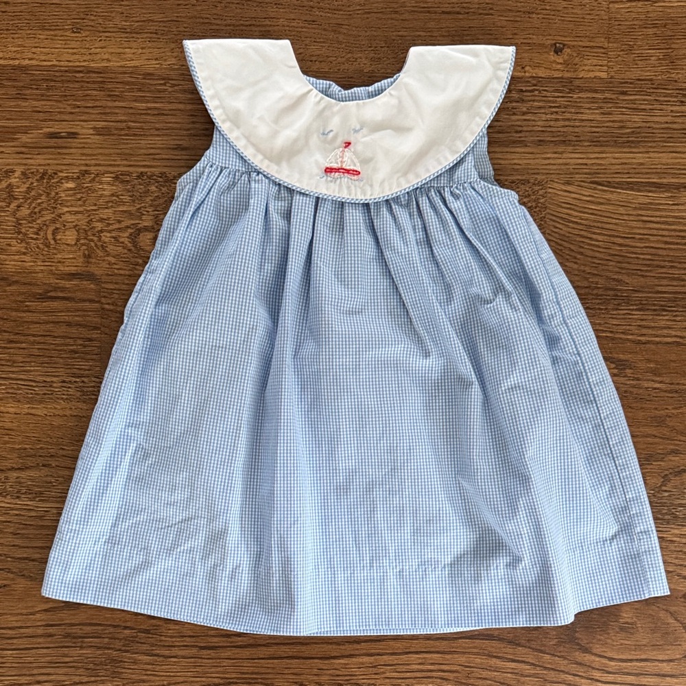 Stitchy Fish Blue Gingham Sailboat Embroidered Dress